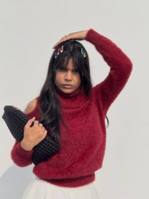 cold shoulder fuzzy knit sweater (mock neck)